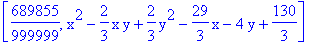 [689855/999999, x^2-2/3*x*y+2/3*y^2-29/3*x-4*y+130/3]